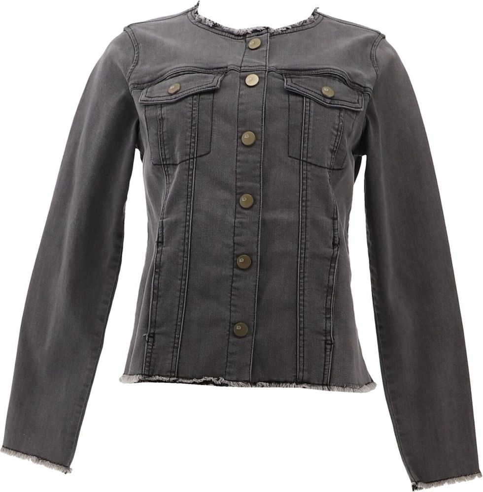 LOGO Lori Goldstein Denim Jacket Frayed Edges Grey Wash A397995D - Picture 1 of 8